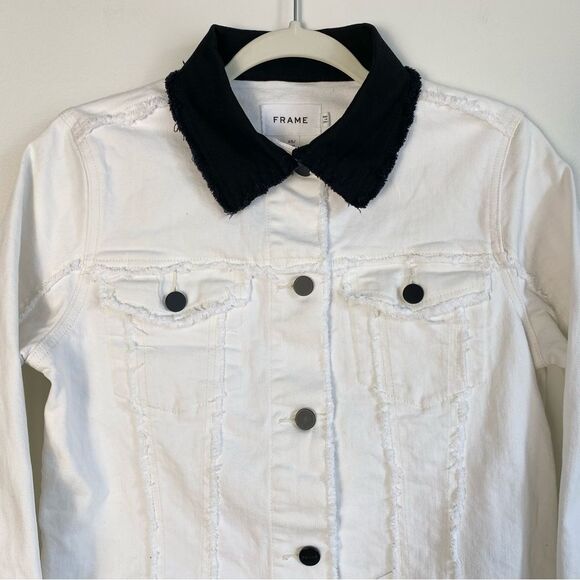 Frame Block Denim Jacket Contrast Collar XS X-Small Off White Black Raw Hem - Picture 3 of 8